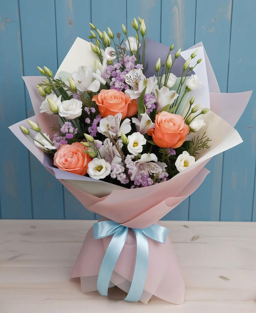 Букет цветов из: Лизиантусы, Розы, Альстромерии и Гипсофила в Еланском