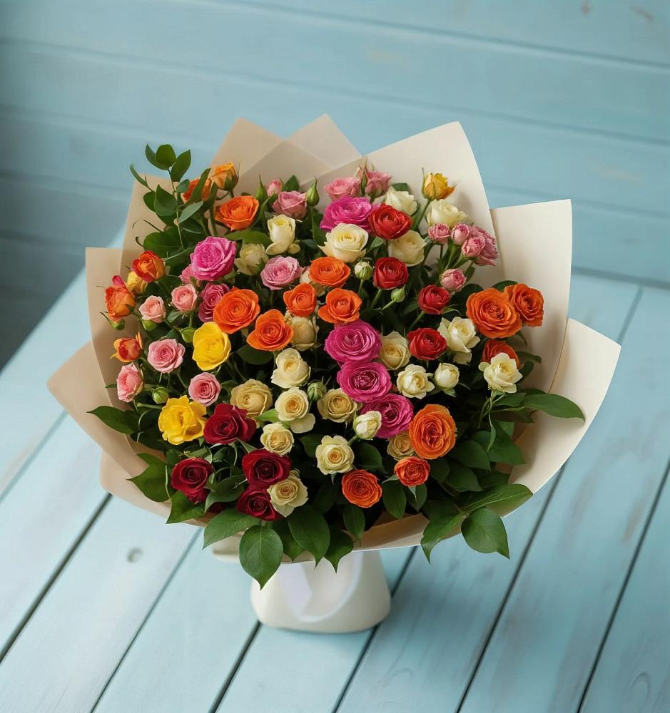 Букет Микс из разноцветных кустовых роз в Еланском