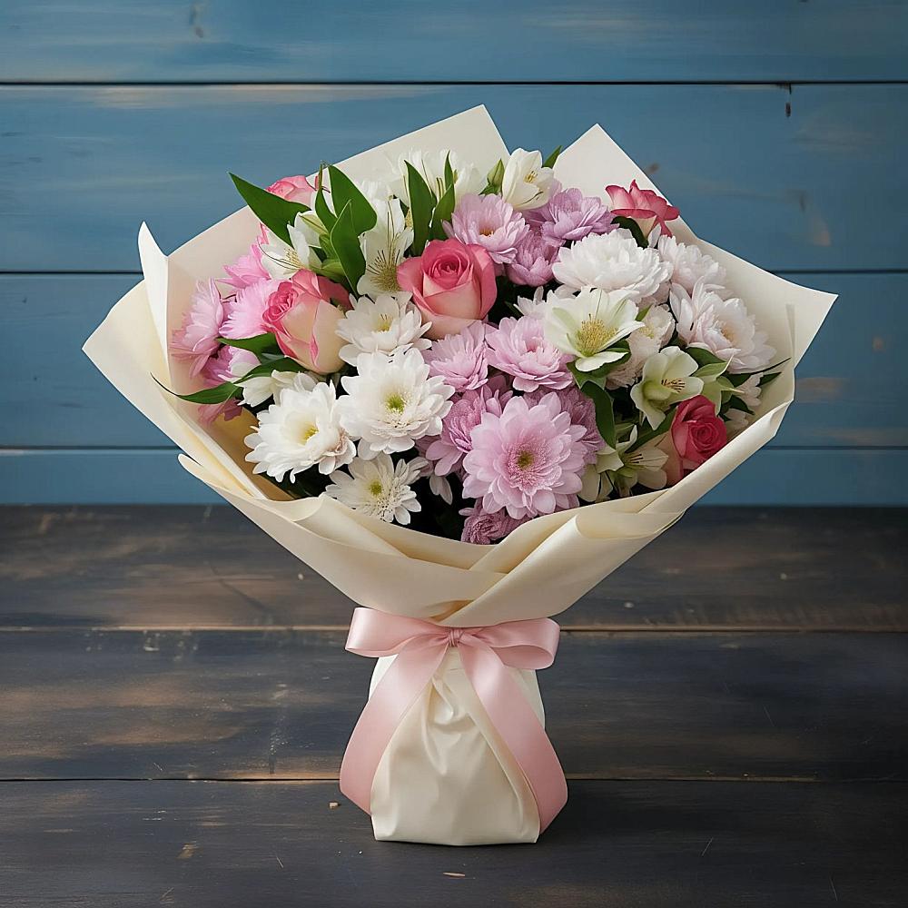 Букет цветов из: Хризантемы, Альстромерии и Розы в Еланском